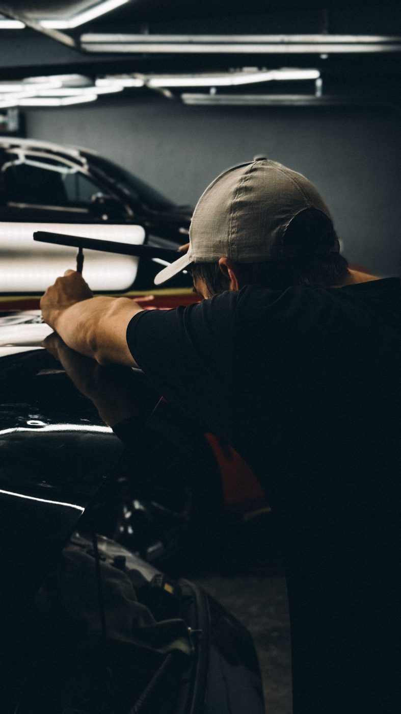 A technician reading the reflection in a workshop light
